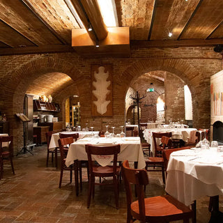 Inside the restaurant Osteria La Sangiovesa in Sant'Arcangelo di Romagna, Italy.