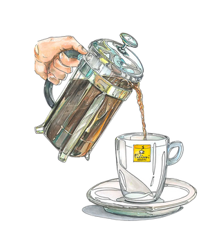 Disegno dell'atto di versare l'infuso di caffè dalla caffettiera french press a una tazza mug Filicori Zecchini.