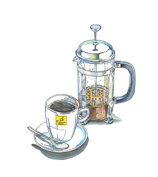 Disegno di una tazza mug Filicori Zecchini colma di caffè con caffettiera french press sullo sfondo.