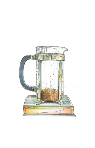 Disegnao di una caffettiera french press con la dose di caffè in polvere sulla bilancia di precisione.