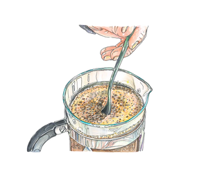 Disegno che illustra l'atto di mescolare la crosta di caffè in sospensione nella caffettiera french press.