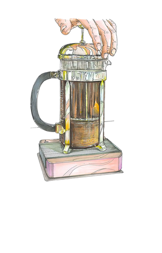 Disegno che mostra l'atto di pressare il pistone della caffettiera french press per separare l'infuso dalla polvere di caffè.