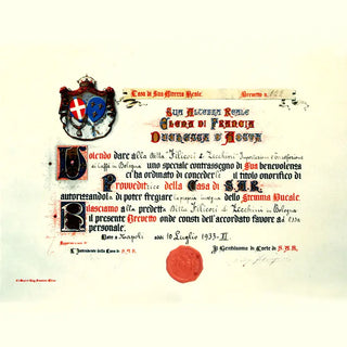 Riproduzione della pergamena con cui il 10 luglio 1933 i reali d'Italia conferirono il titolo di fornitore ufficiale della Casa Reale a Filicori Zecchini.
