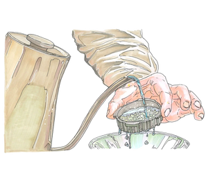 Dessine le mouillage du filtre Aeropress avant l'extraction du café.