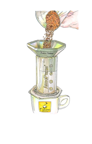 Zeichnung der Aeropress-Füllung mit Kaffeepulver.
