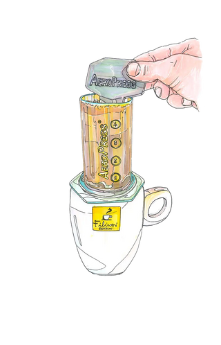 Disegno del mescolamento della miscela acqua e caffè nell'Aeropress.