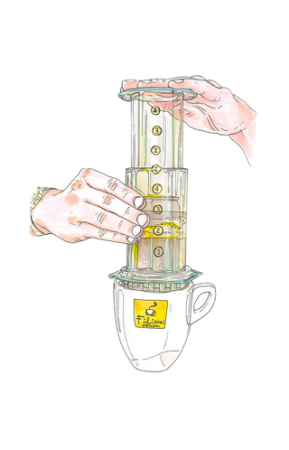 Disegno inizio pressione sull'Aeropress.