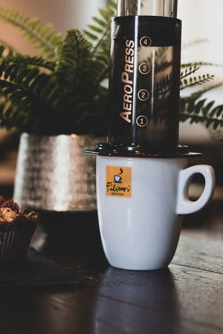 Image of an Aeropress on a Filicori Zecchini mug with plants in the background.