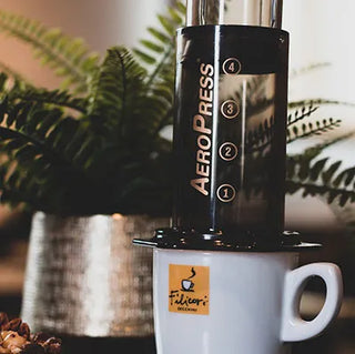 Aeropress su tazza mug Filicori Zecchini con pianta ornamentale sullo sfondo
