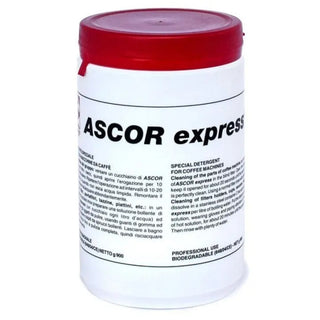 Detergente ASCOR Express per pulizia macchine da caffè, confezione da 900 grammi per uso professionale.