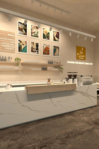 Rendering definitivo arredo modulare del coffee shop Filicori Zecchini in Brasov, Romania.