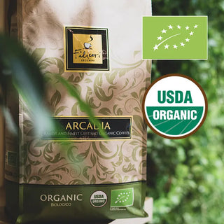 Sacchetto Filicori Zecchini miscela biologica Arcadia con loghi uffiali di certificazione BIO UE e USDA.