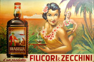 Dipinto degli anni '30: ambientazione tropicale con ragazza che offre un caffè e bottiglia di liquore al caffè Brasilia di Filicori Zecchini.