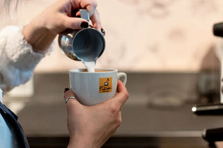 Mani di donna che versano la crema di latte di un cappuccino in una tazza ufficiale Filicori Zecchini.