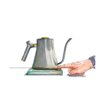 Drawing with a kettle of water and a hand pressing the start button.
