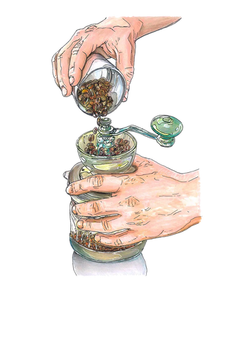 Dessin avec des mains versant des grains de café dans un moulin.