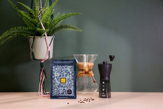 Bolsa de granos de café specialty con cafetera Chemex, molinillo manual Hario y planta decorativa al fondo.